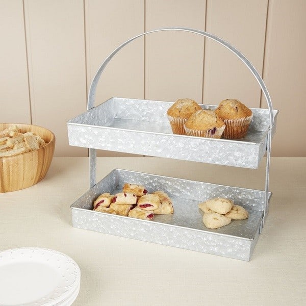 Galvanized Tiered Stand for serving cakes, appetizers or storing kitchen utensils. #FarmhouseKitchenDecor