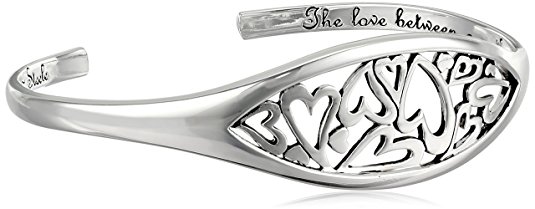Sterling Silver Heart Cuff Bracelet with open heart detailing on the cuff | Beautiful gift from daughter to mom with the inscription "The Love Between A Mother and Daughter Knows No Distance" #momgifts #mothersdaygifts