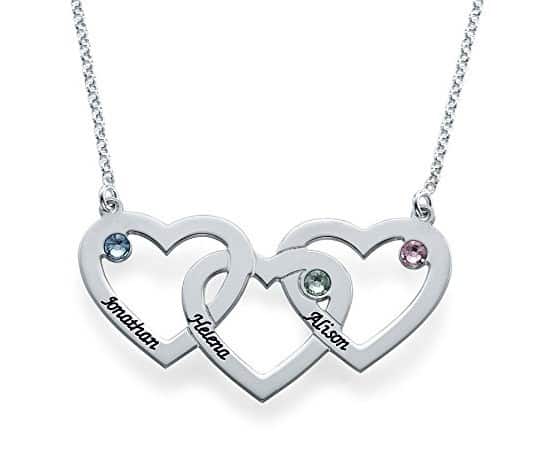 Swarovski Birthstones Engraved Intertwined Hearts Necklace | Can be personalized with up to 3 names and 3 birthstone | Mother's Day Jewelry Gifts